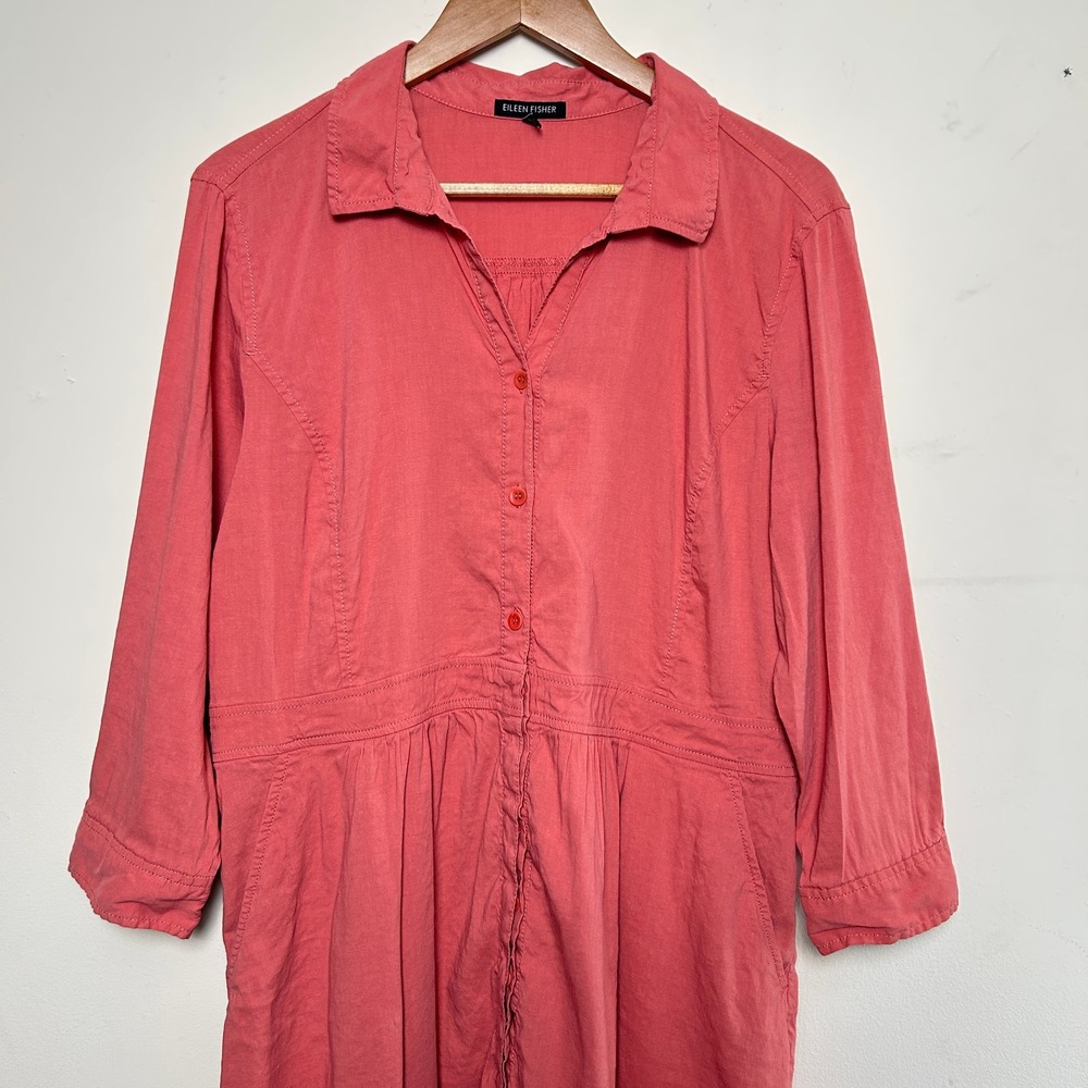 Eileen Fisher Linen Dress Button Front Empire Waist Coral Pink Large - Picture 3 of 14